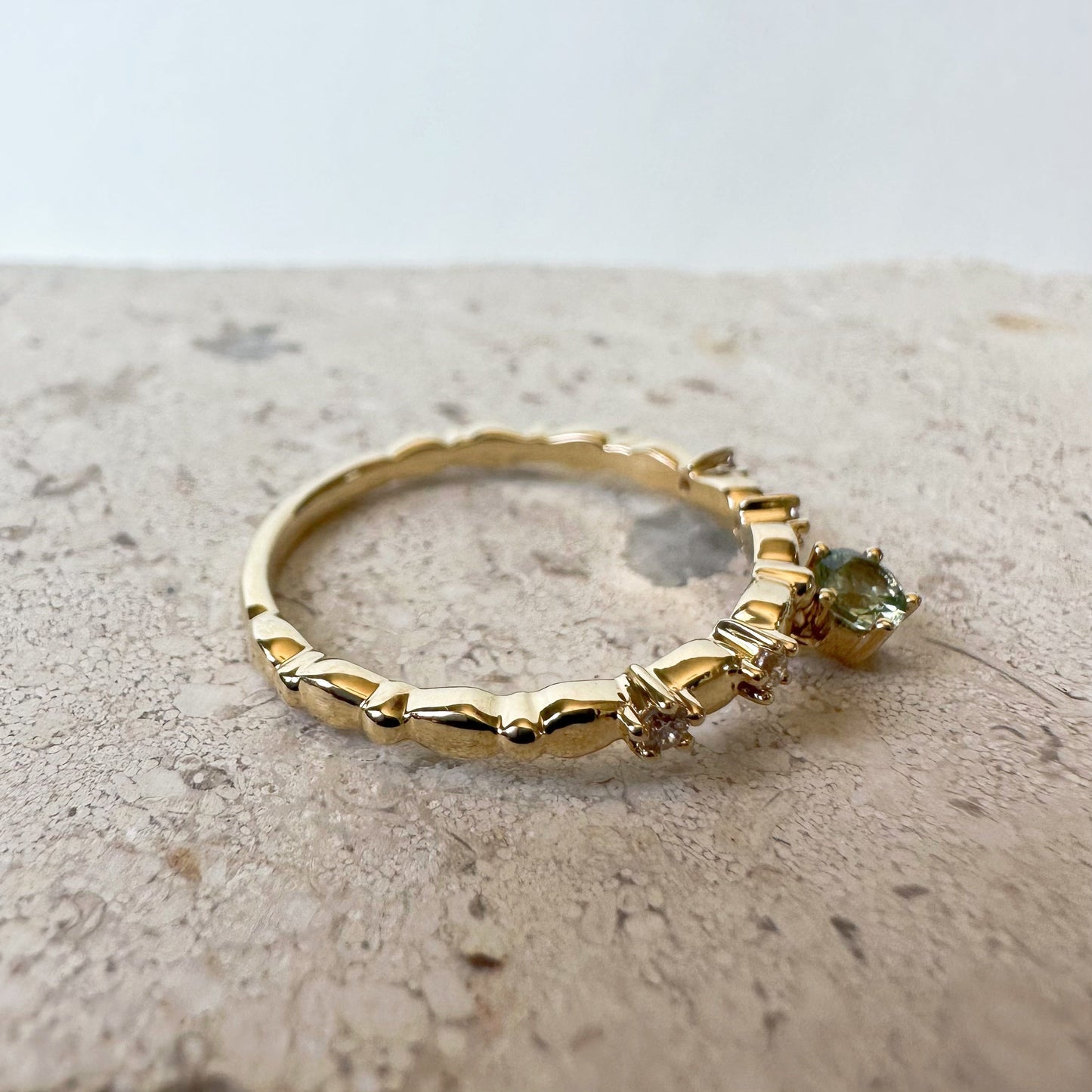 14K Solid Gold Genuine Green Sapphire and Diamond Dangle Ring