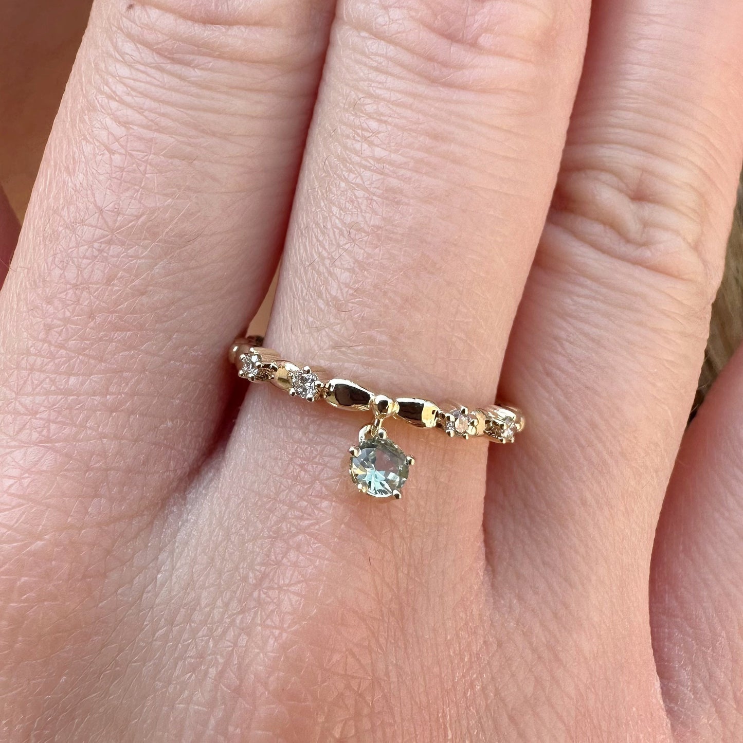 14K Solid Gold Genuine Green Sapphire and Diamond Dangle Ring