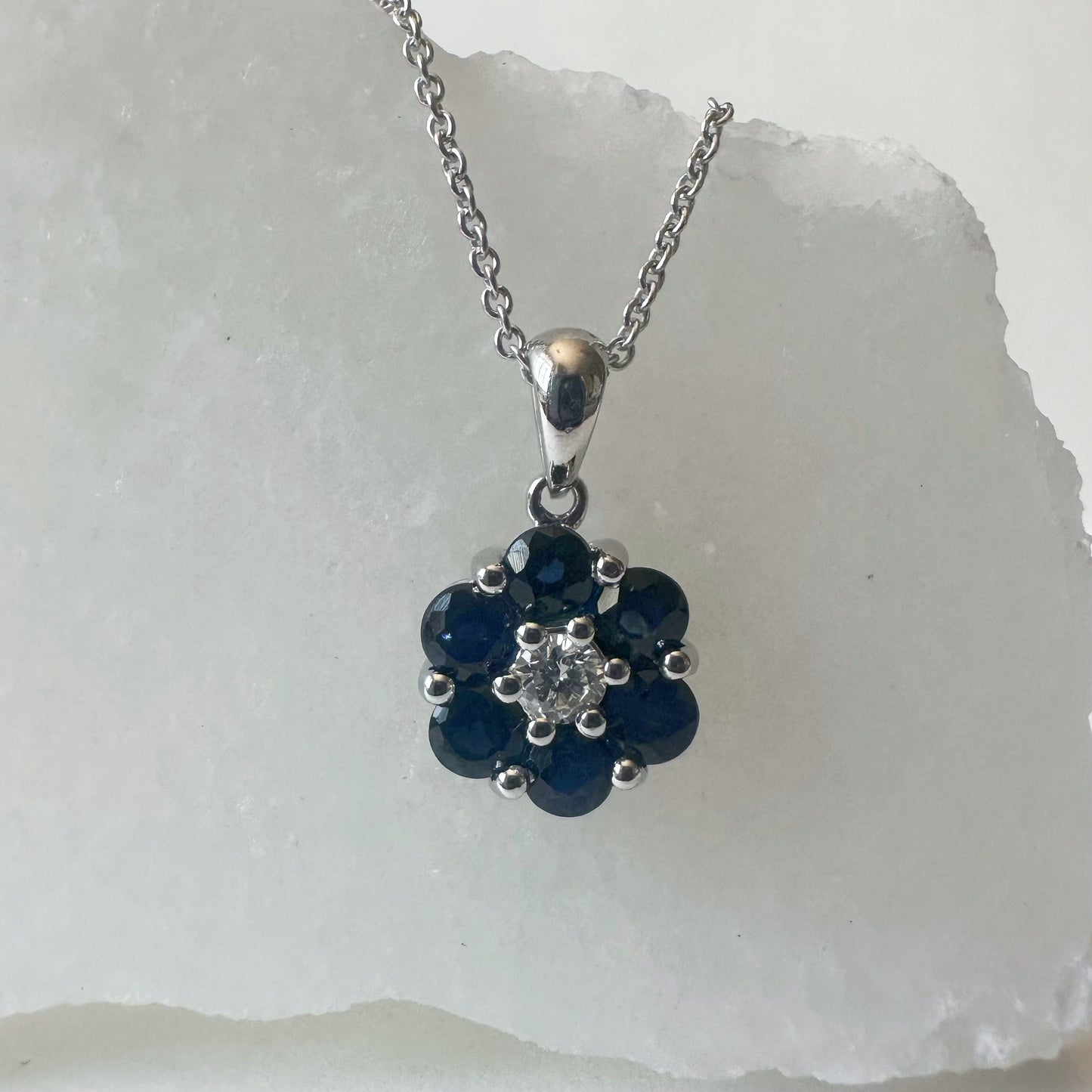 14K Solid Gold Genuine Sapphire and Diamond Flower Pendant