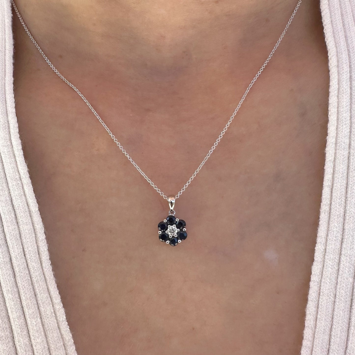 14K Solid Gold Genuine Sapphire and Diamond Flower Pendant