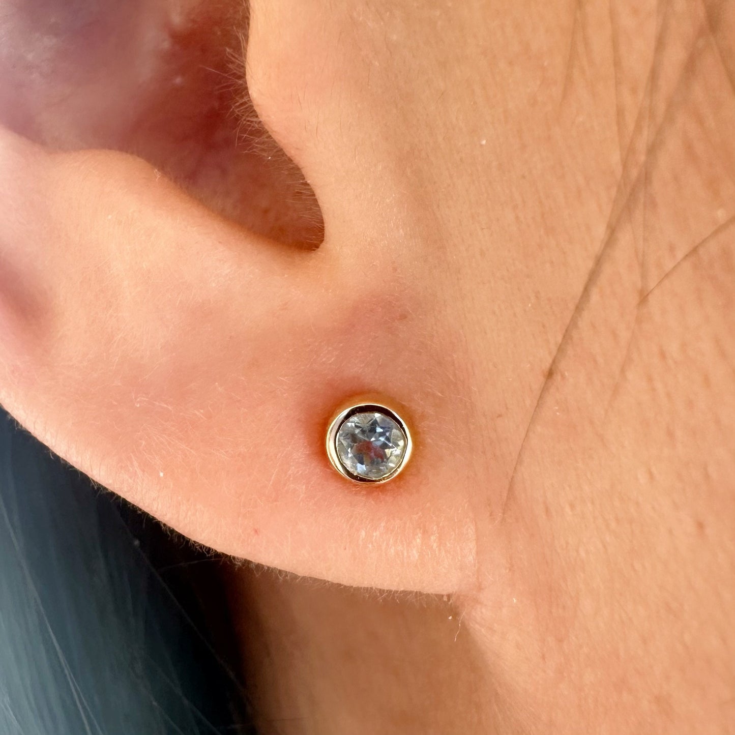 14K Solid Gold Genuine Round Aquamarine Bezel Studs/Pair