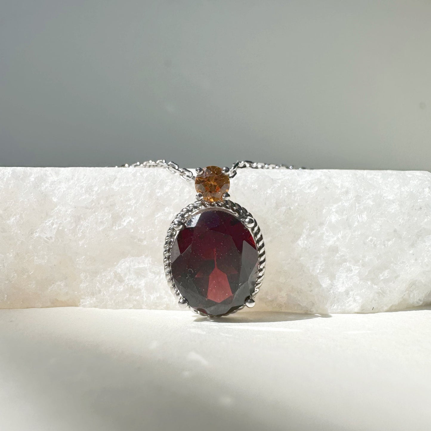 18K Solid Rose Gold Garnet and Orange Sapphire Necklace