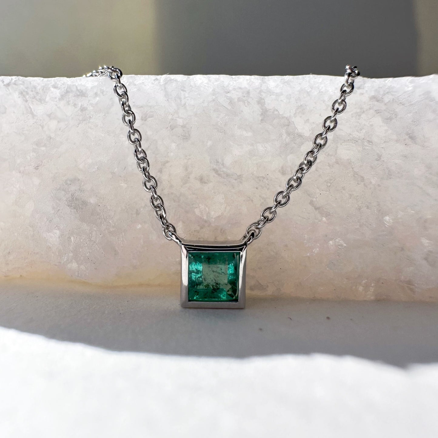 14K Solid Gold Genuine Emerald Square Necklace