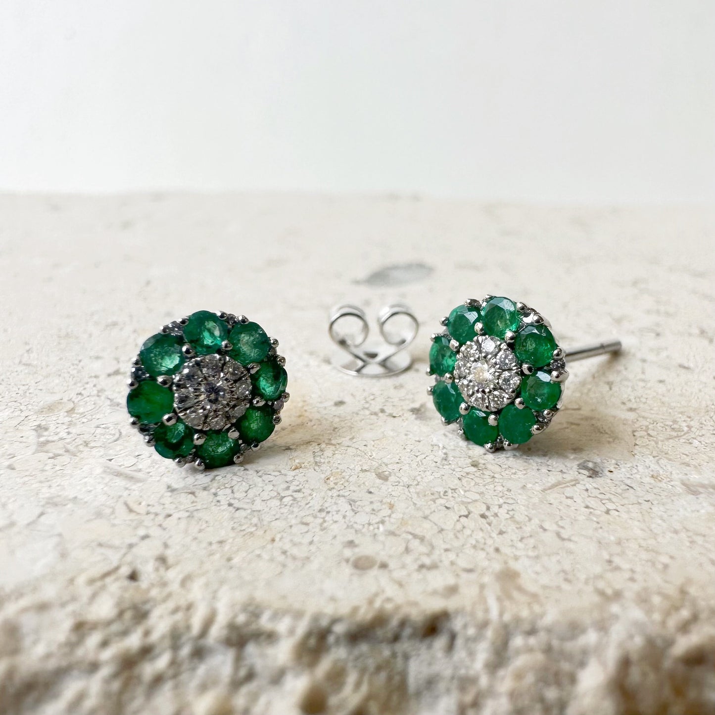 18K Solid White Gold Genuine Emerald and Pave Diamond Flower Studs/Pair