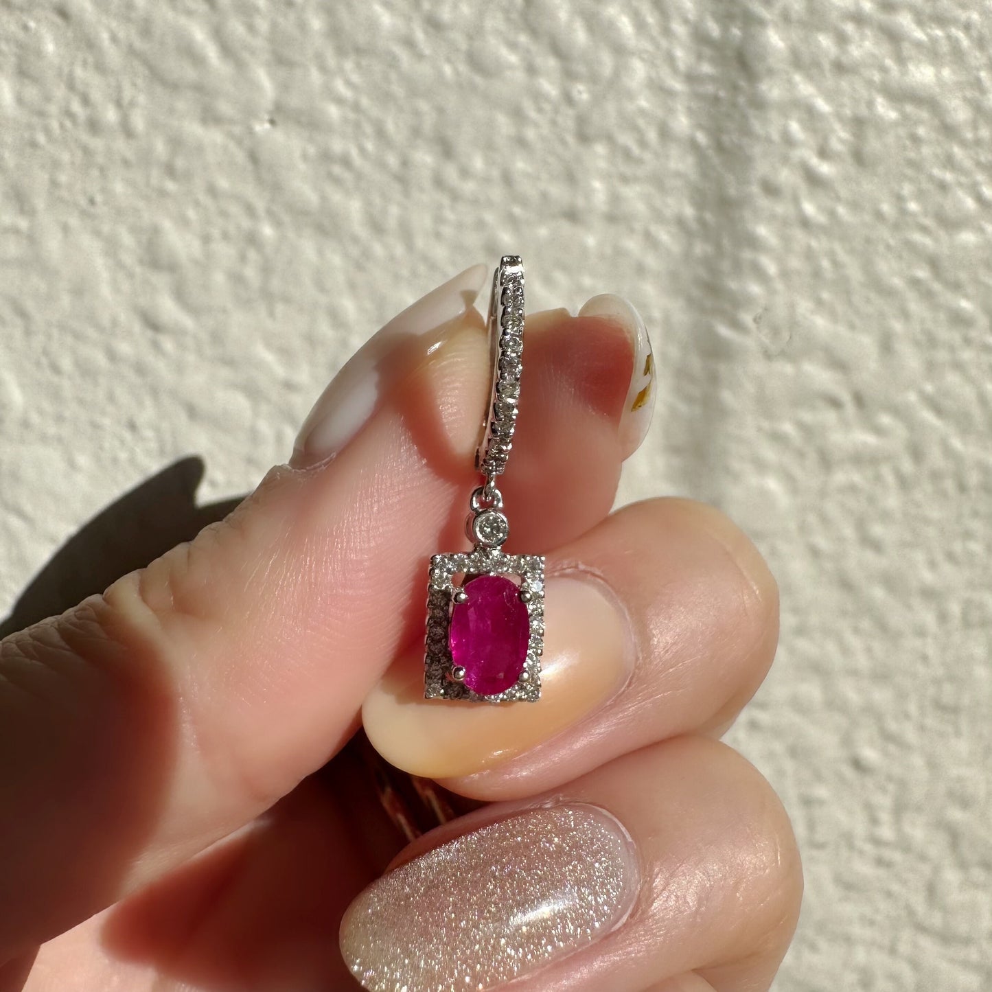 14K Solid White Gold Genuine Diamond and Ruby Square Dangle Earrings/Pair