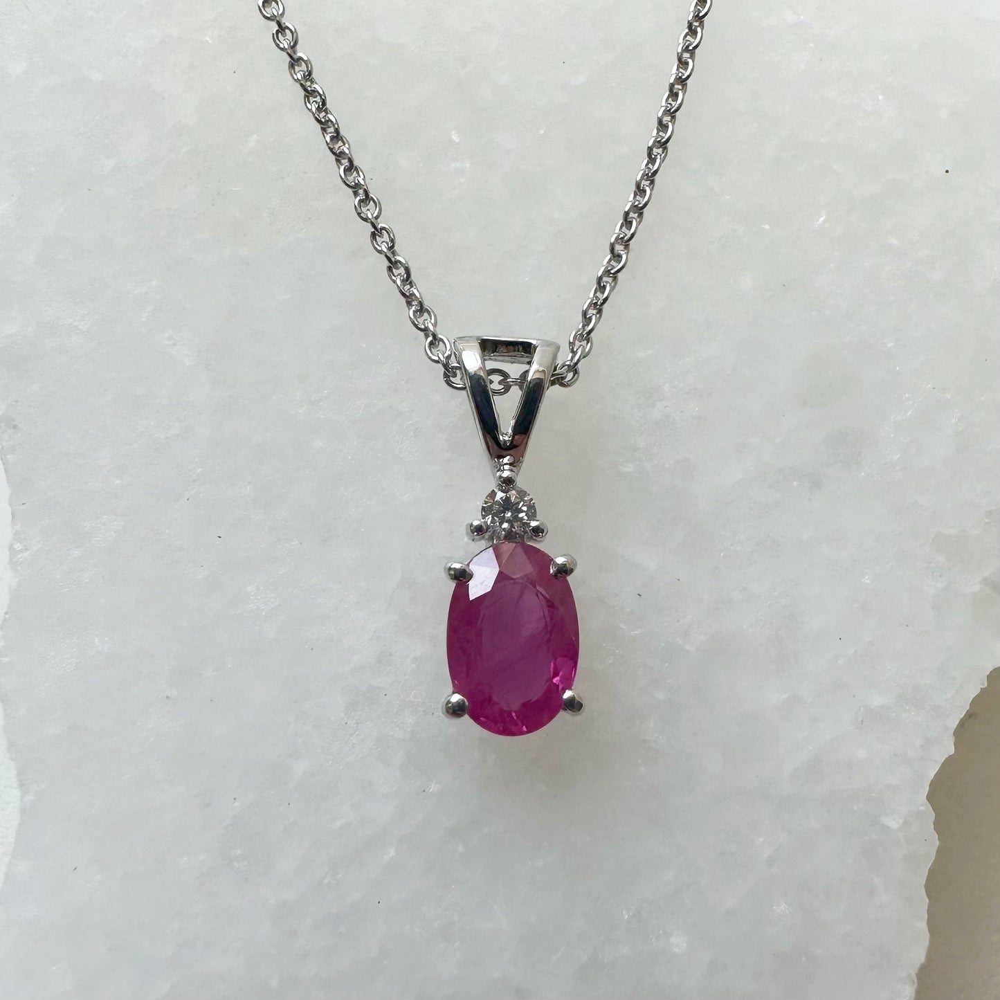 14K Solid White Gold Genuine Oval Ruby and Diamond Pendant