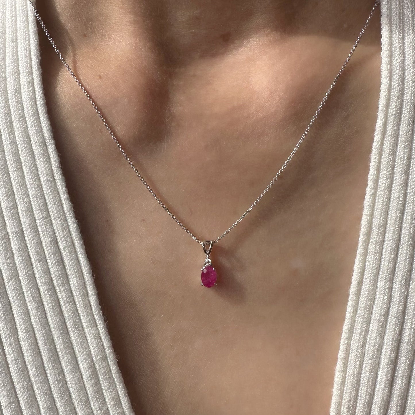 14K Solid White Gold Genuine Oval Ruby and Diamond Pendant