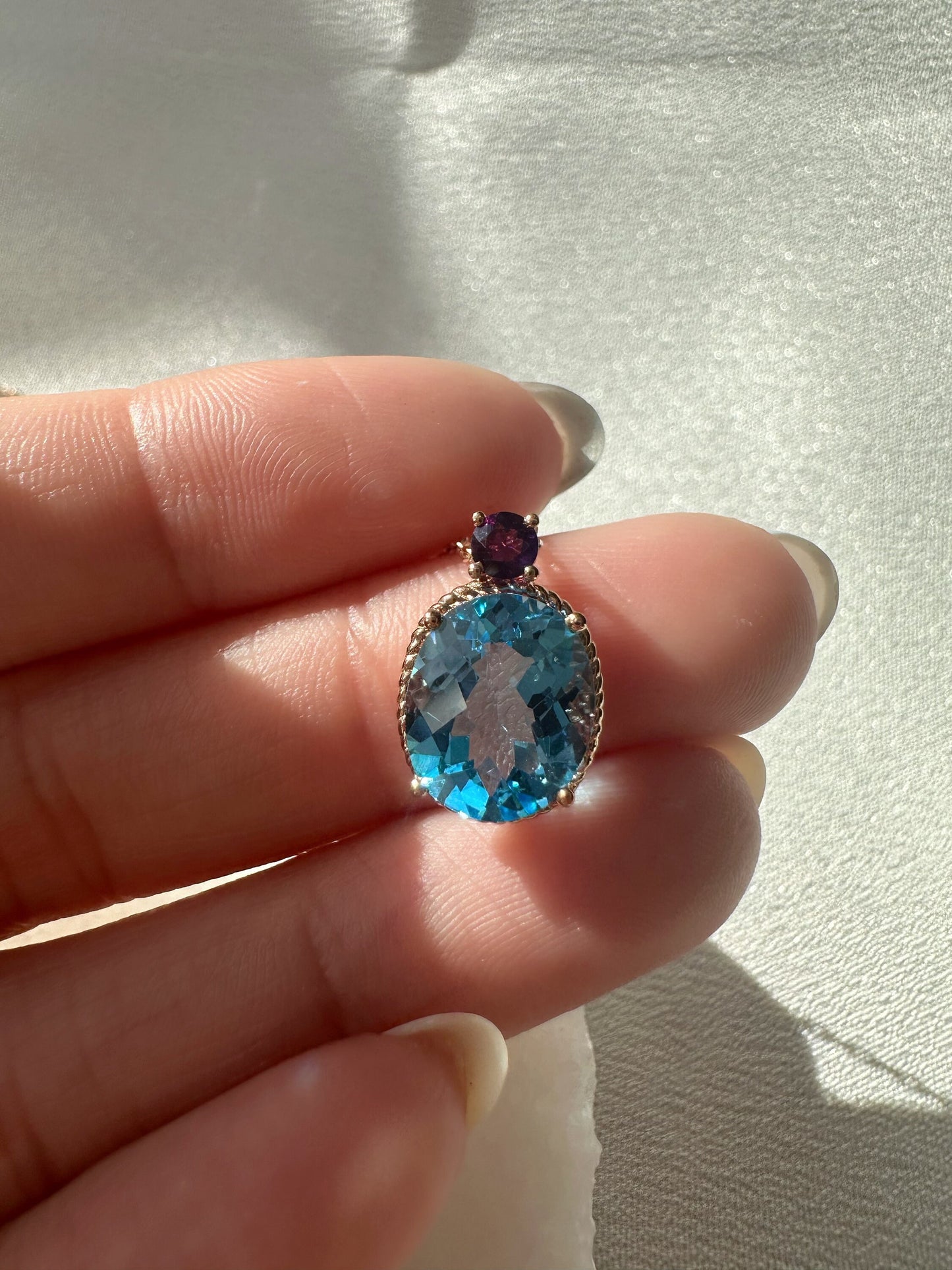 18K Solid Rose Gold Genuine Blue Topaz and Amethyst Necklace