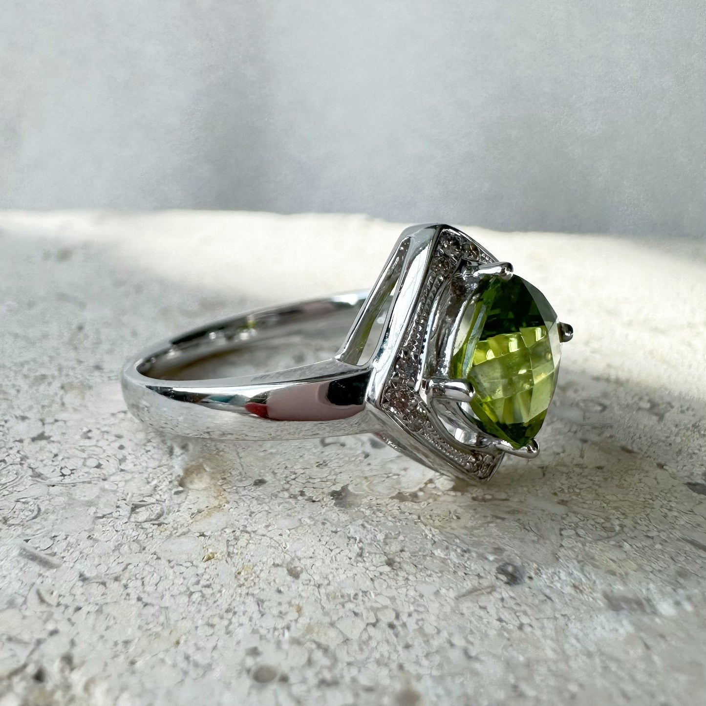 14K Solid White Gold Genuine Peridot and Diamond Cushion Ring