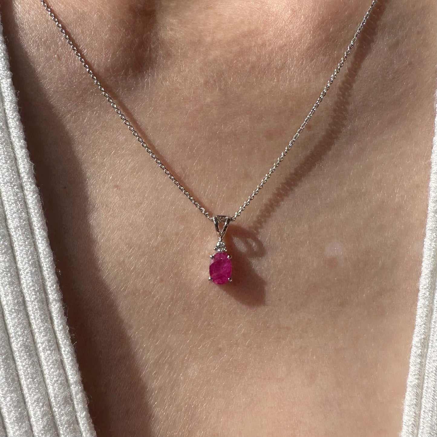 14K Solid White Gold Genuine Oval Ruby and Diamond Pendant