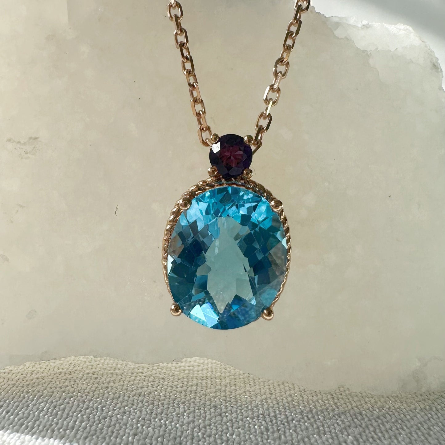 18K Solid Rose Gold Genuine Blue Topaz and Amethyst Necklace