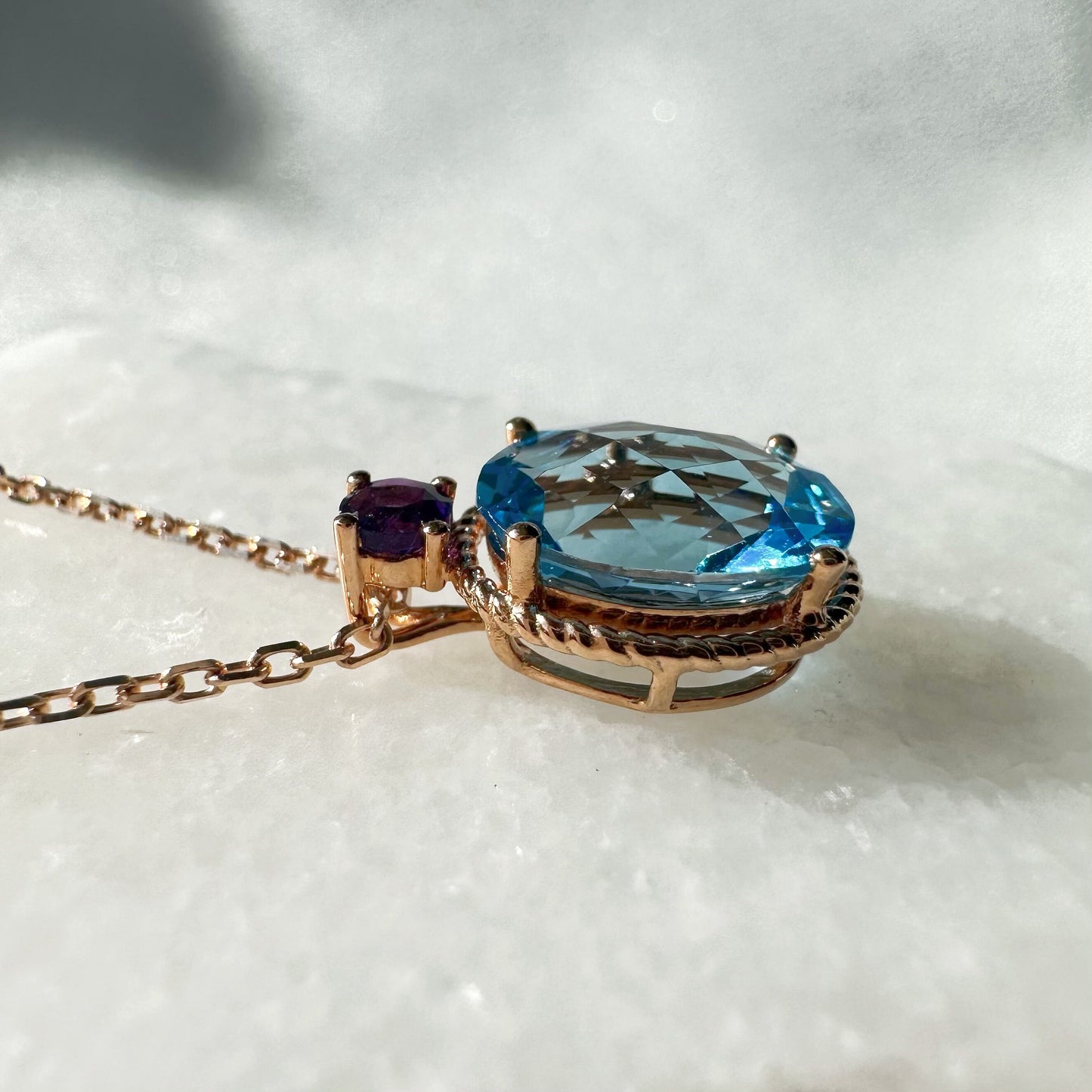 18K Solid Rose Gold Genuine Blue Topaz and Amethyst Necklace