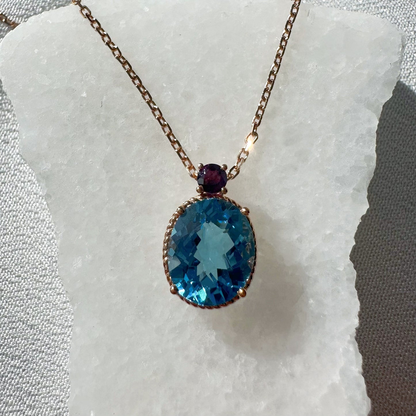 18K Solid Rose Gold Genuine Blue Topaz and Amethyst Necklace
