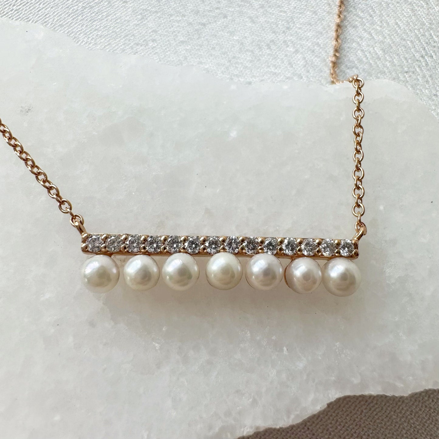 18K Solid Rose Gold Diamond and Pearl Bar Necklace