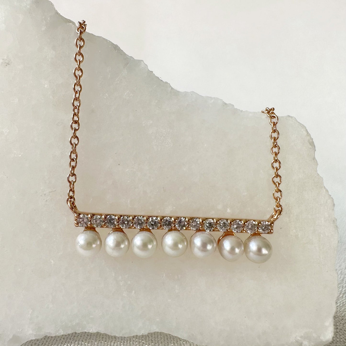 18K Solid Rose Gold Diamond and Pearl Bar Necklace