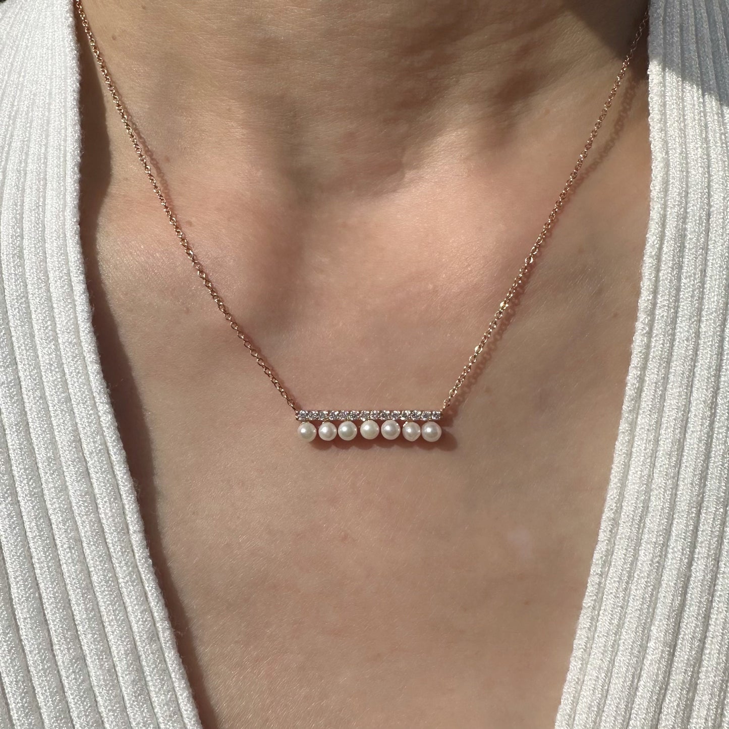 18K Solid Rose Gold Diamond and Pearl Bar Necklace
