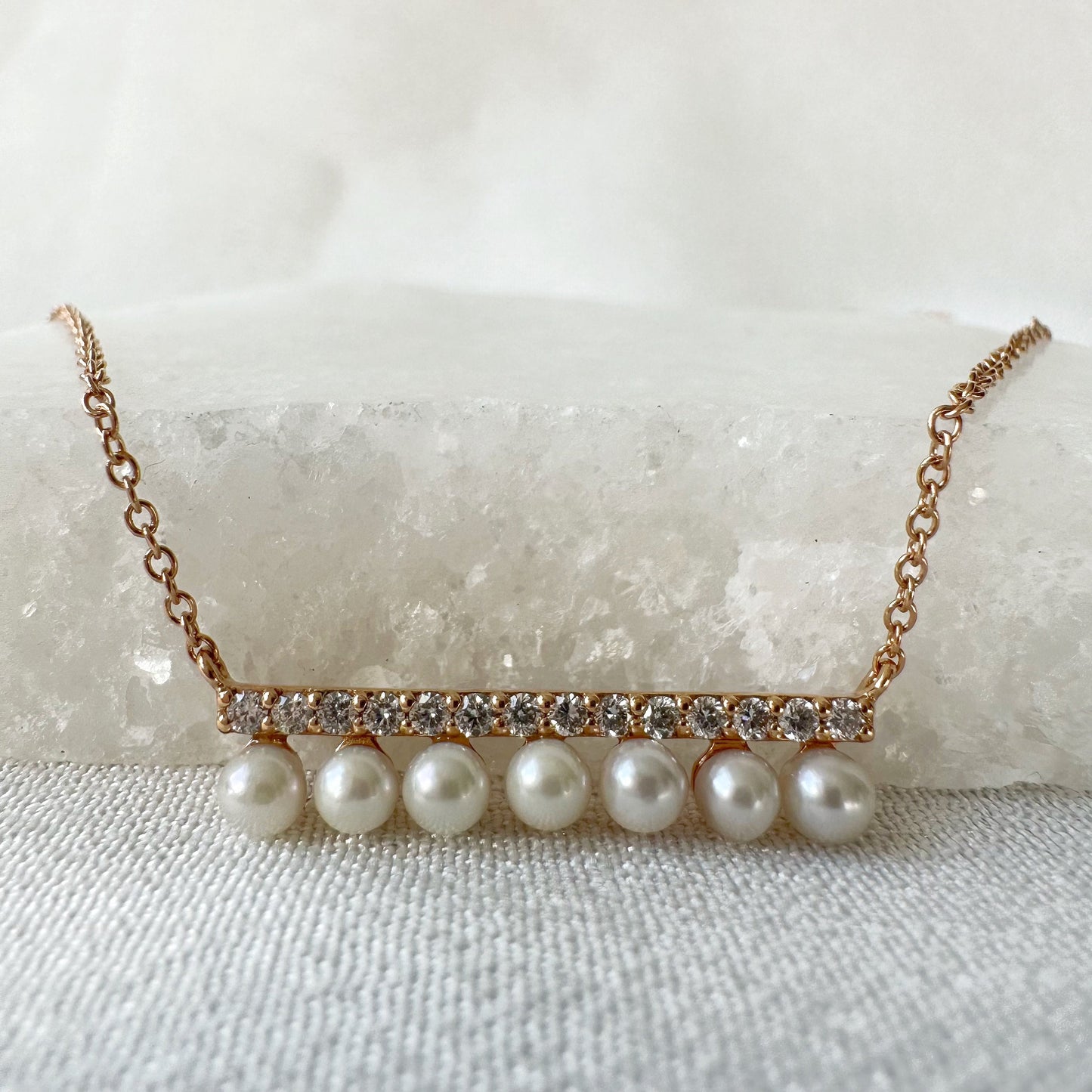 18K Solid Rose Gold Diamond and Pearl Bar Necklace