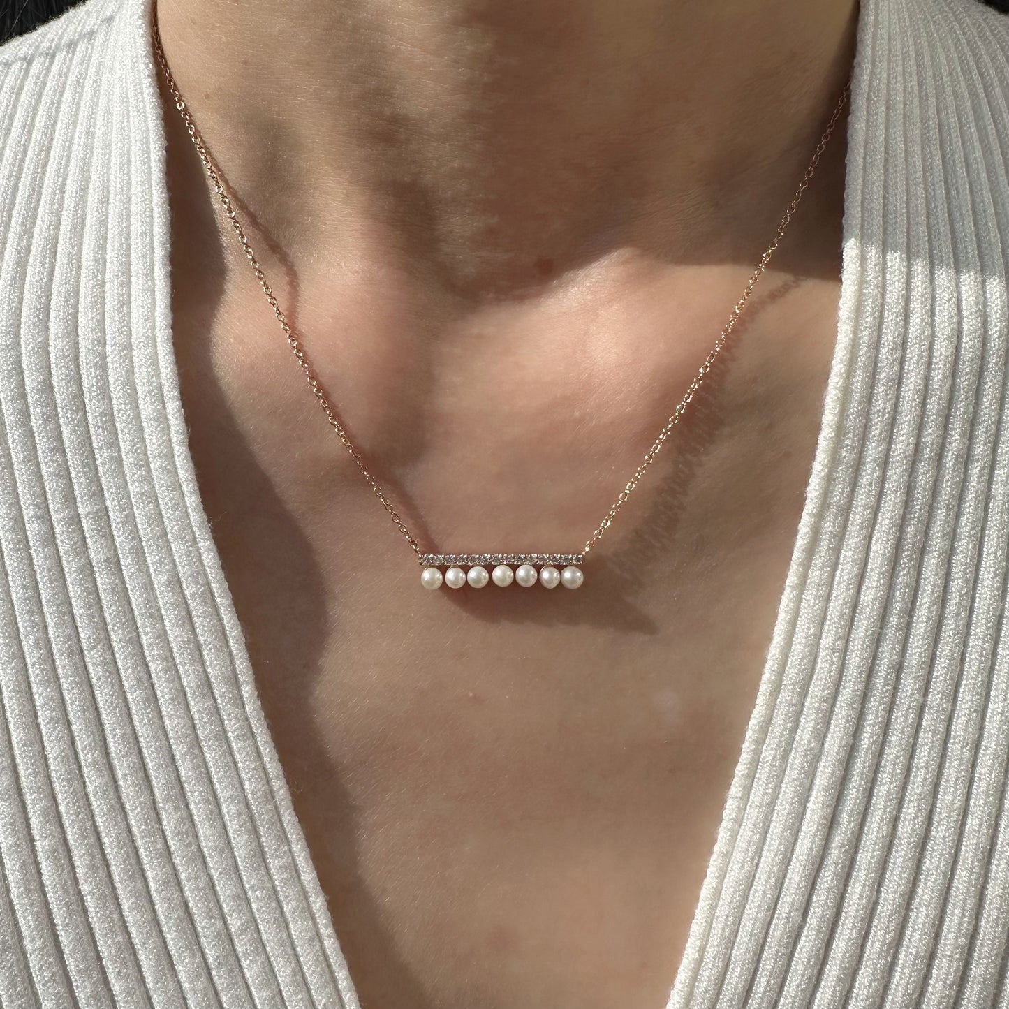 18K Solid Rose Gold Diamond and Pearl Bar Necklace