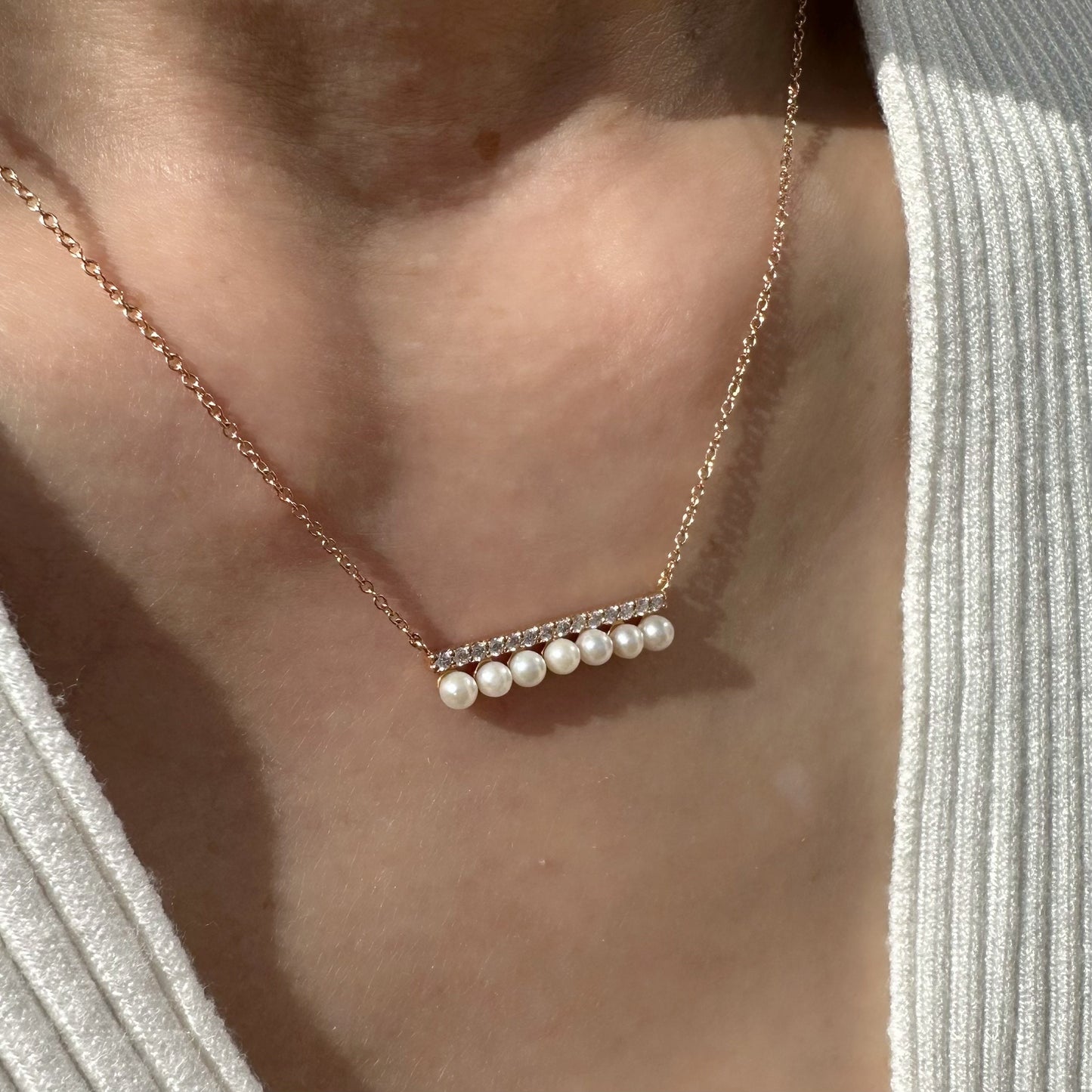 18K Solid Rose Gold Diamond and Pearl Bar Necklace