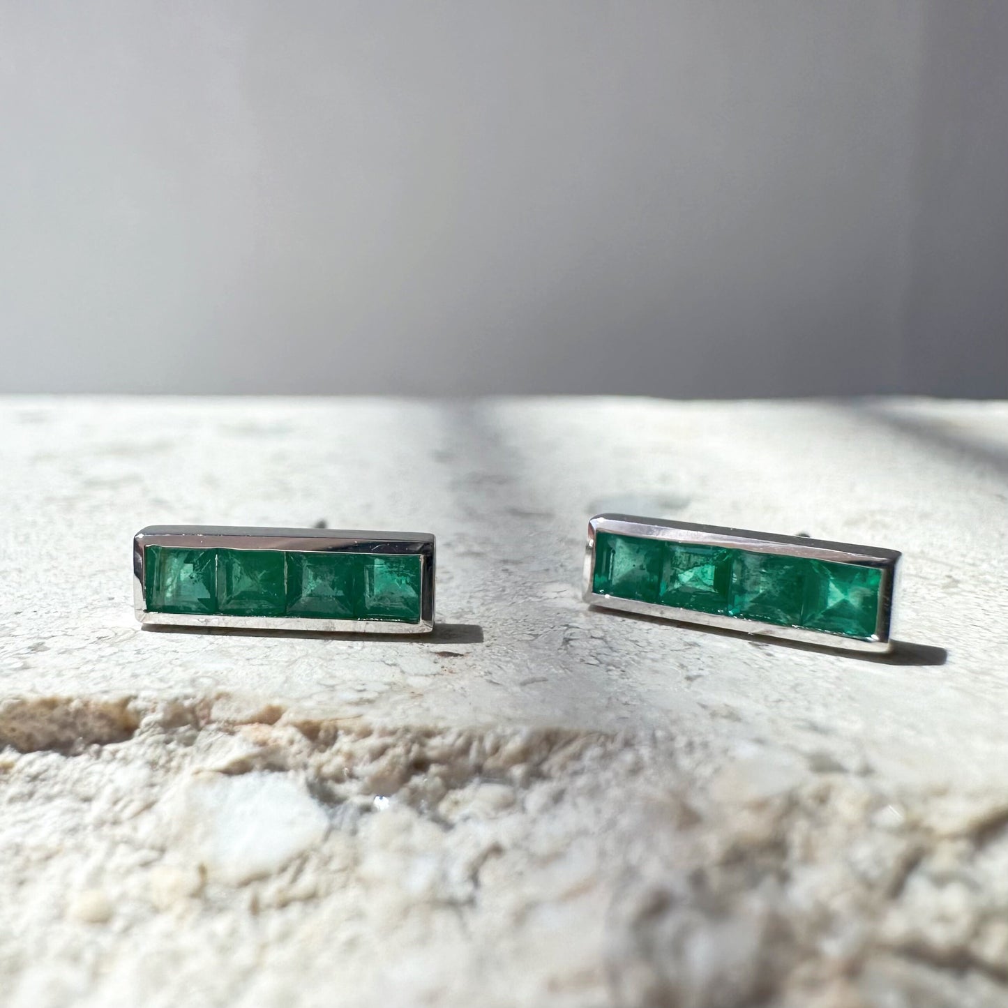 14K Solid Gold Genuine Emerald Bezel Bar Studs/Pair