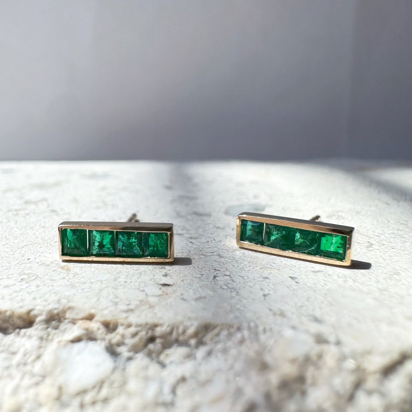 14K Solid Gold Genuine Emerald Bezel Bar Studs/Pair