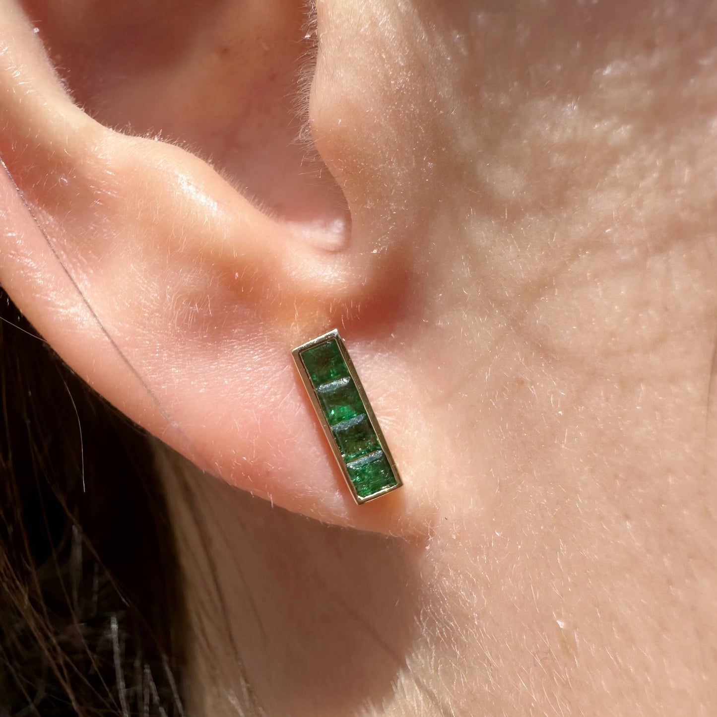 14K Solid Gold Genuine Emerald Bezel Bar Studs/Pair