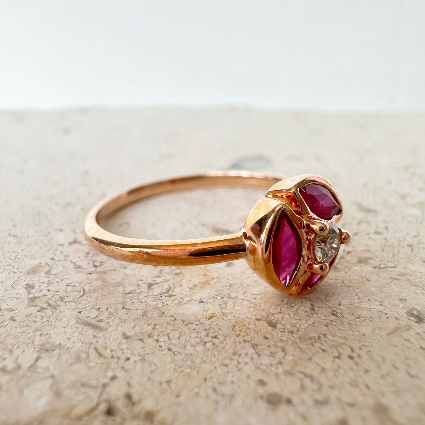 14K Solid Rose Gold Genuine Ruby and Diamond Marquise Ring