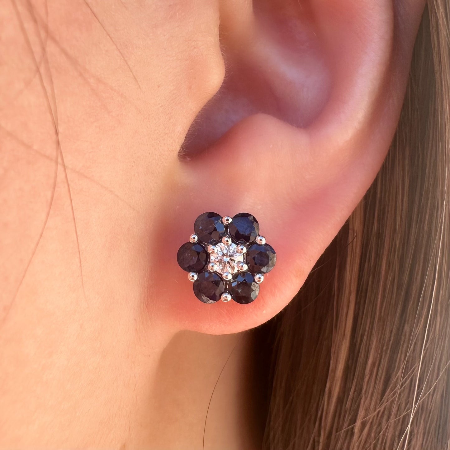 14K Solid White Gold Genuine 1.94 CT Sapphire and Diamond Flower Studs/Pair
