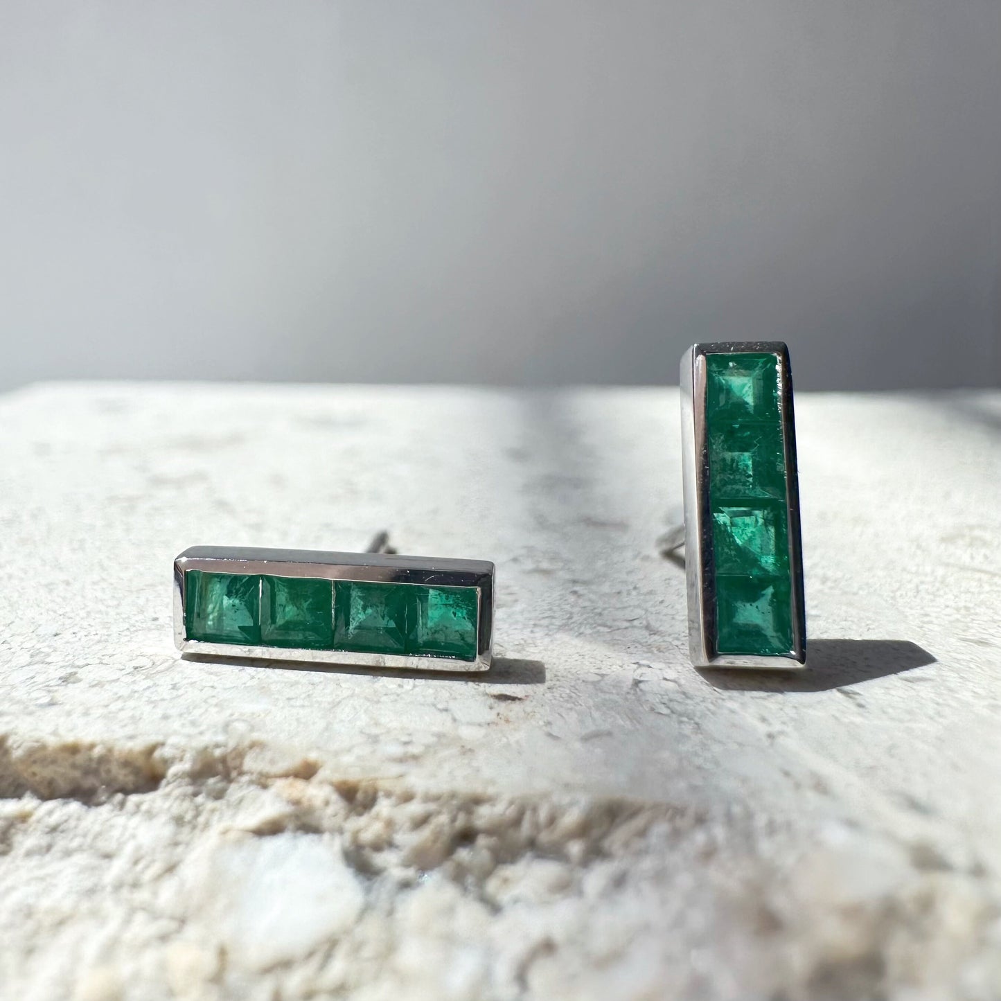 14K Solid Gold Genuine Emerald Bezel Bar Studs/Pair