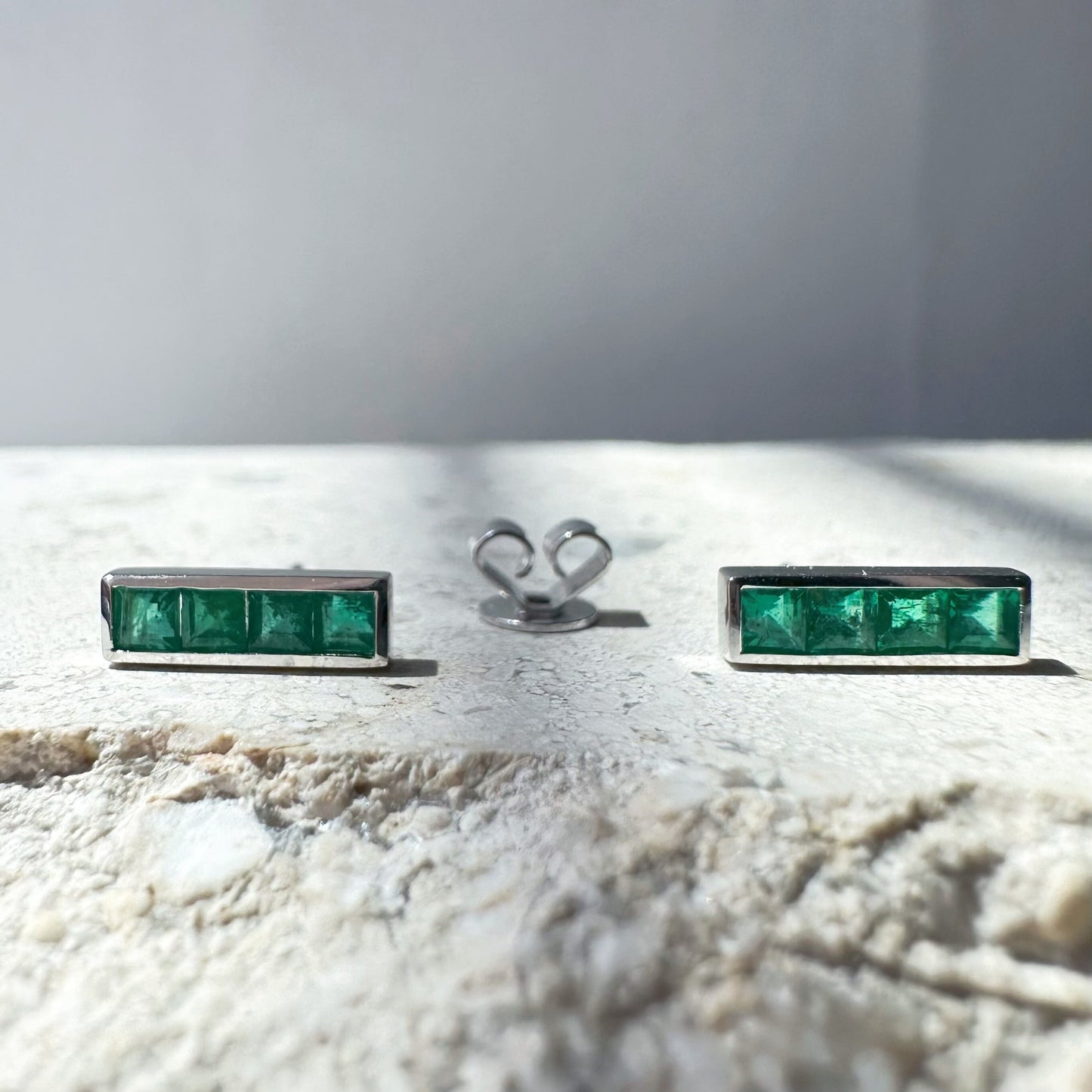 14K Solid Gold Genuine Emerald Bezel Bar Studs/Pair