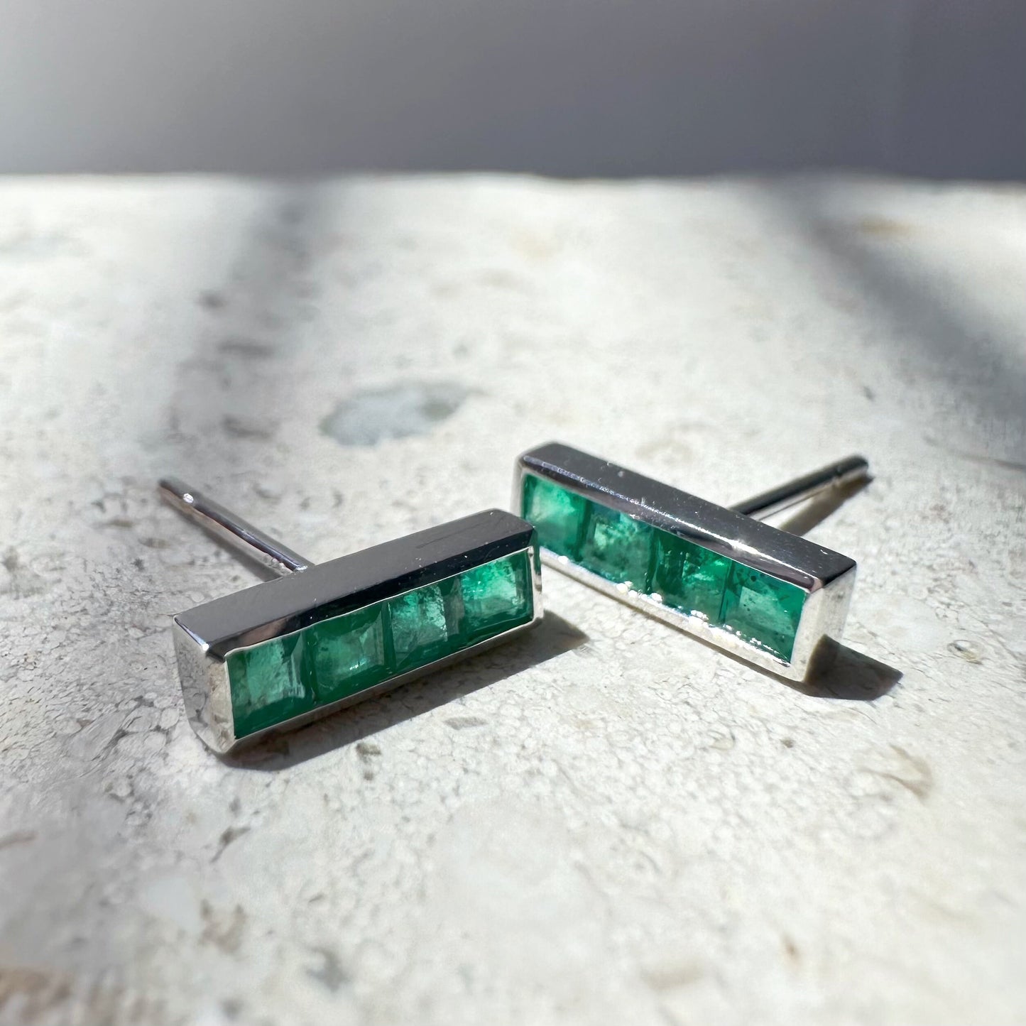 14K Solid Gold Genuine Emerald Bezel Bar Studs/Pair