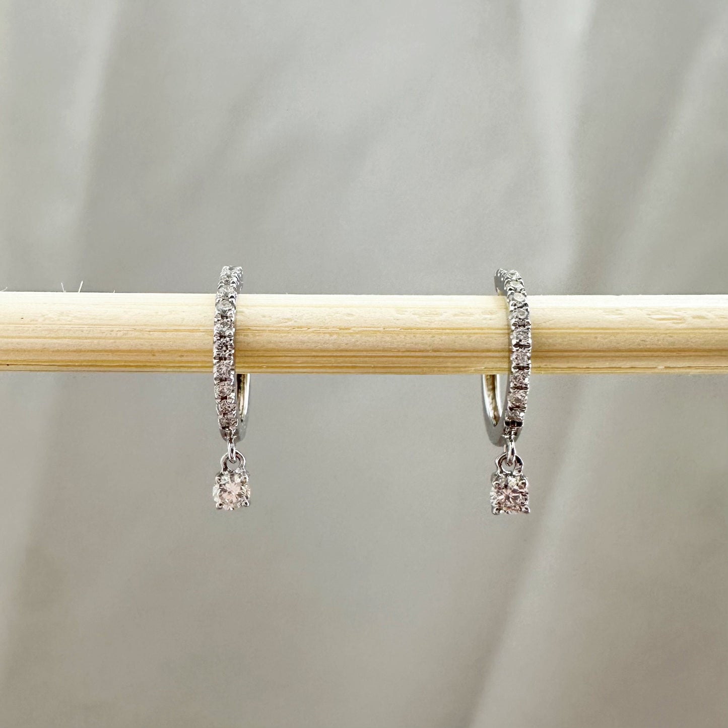 14K Solid Gold Genuine Diamond Dangle Hoops/Huggies (Pair)