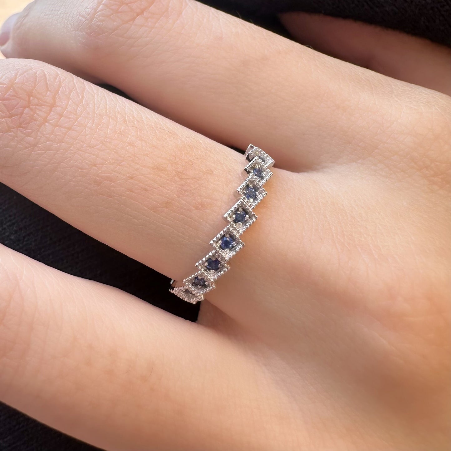 14K Solid White Gold Genuine Sapphire Band