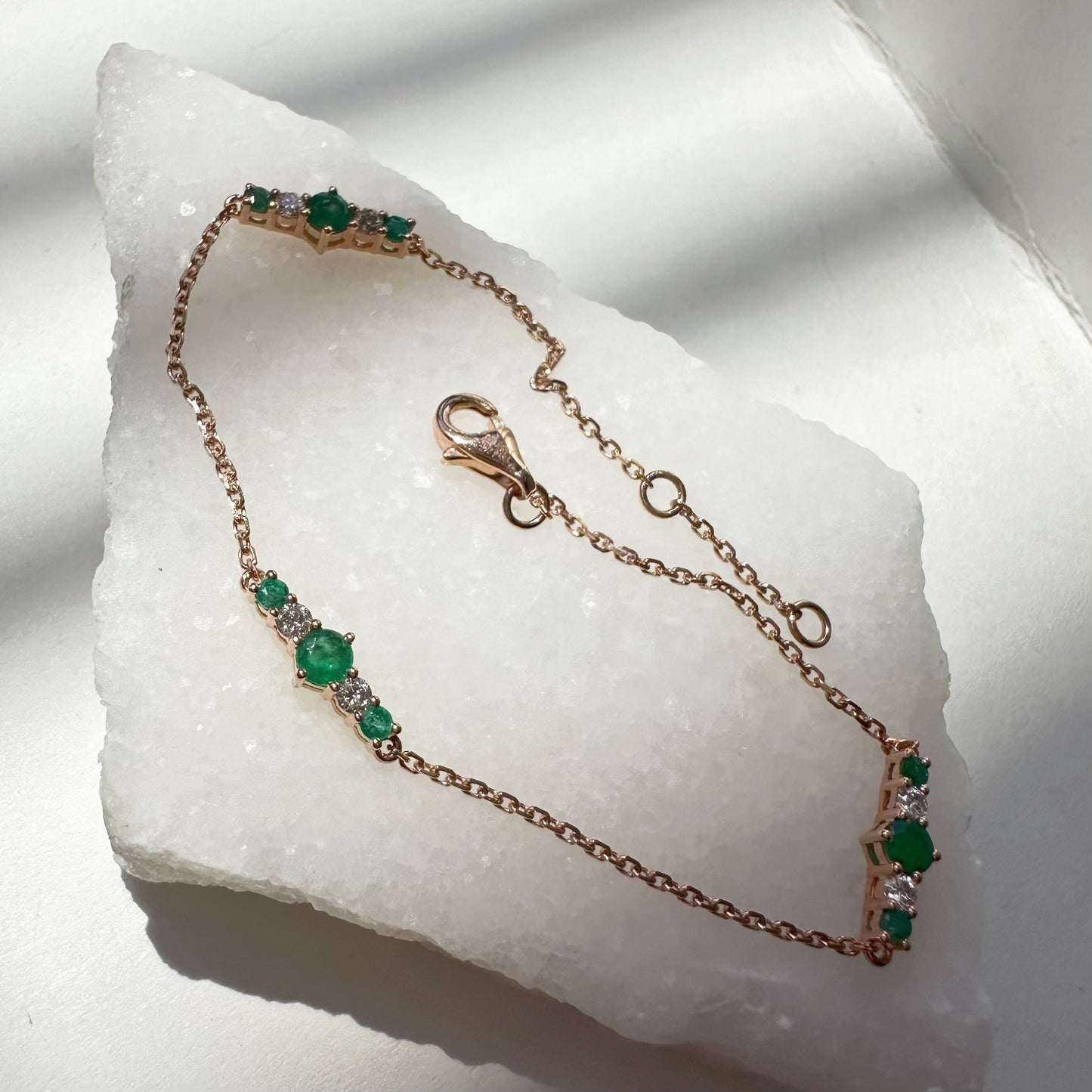 18K Solid Rose Gold Genuine Emerald and Diamond Bracelet