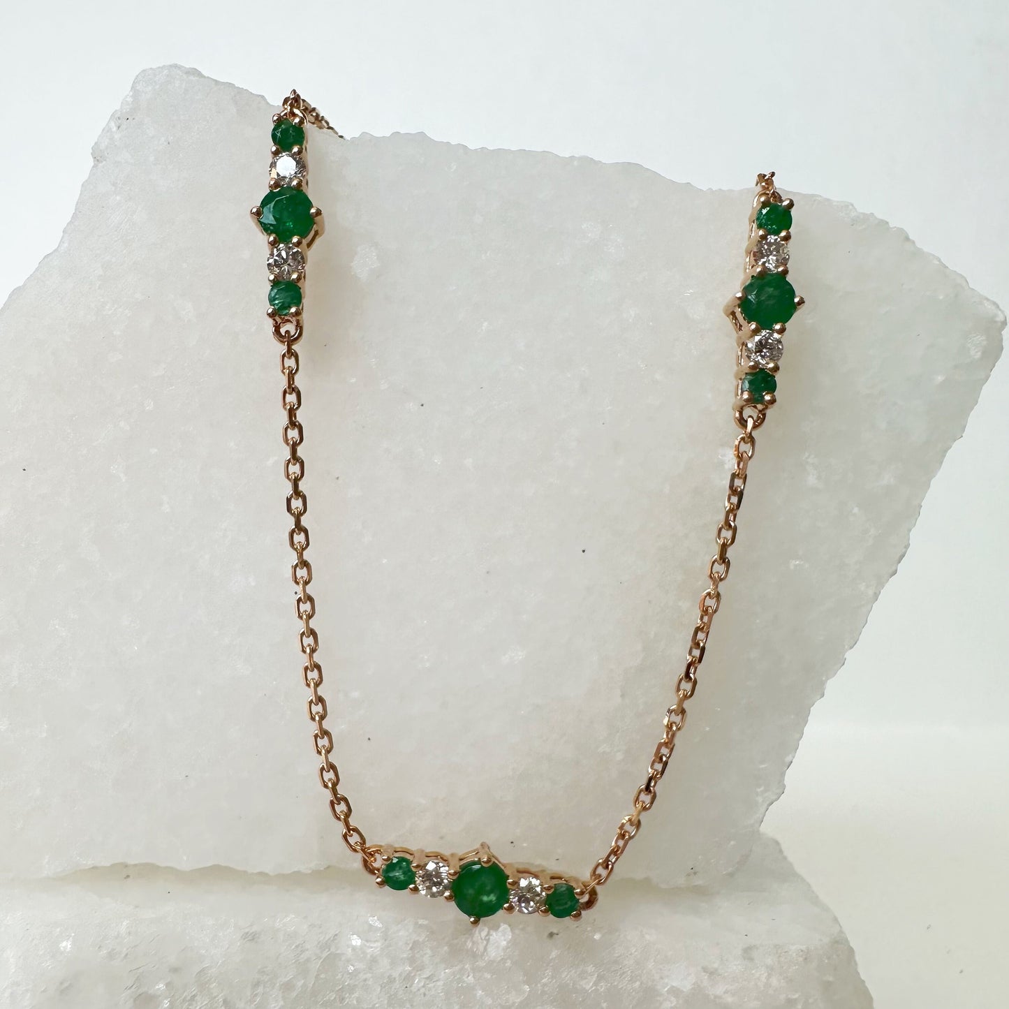 18K Solid Rose Gold Genuine Emerald and Diamond Bracelet