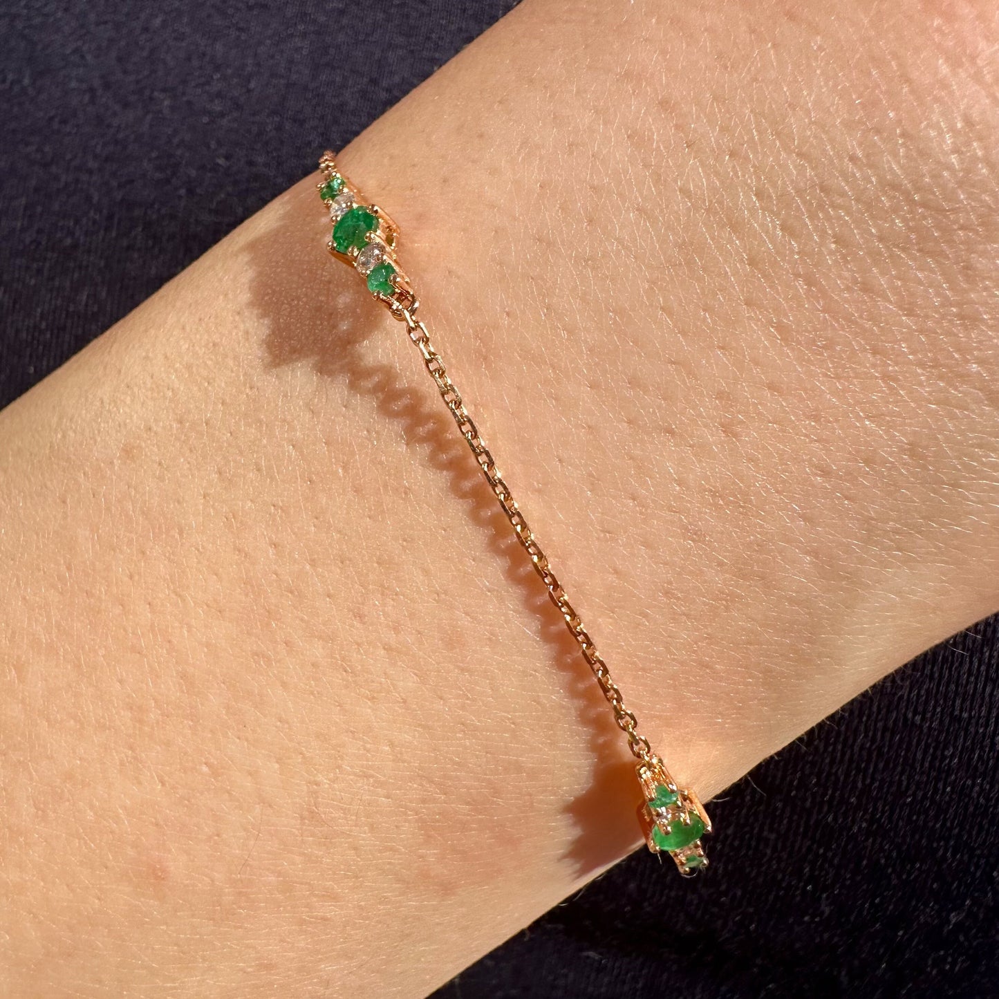 18K Solid Rose Gold Genuine Emerald and Diamond Bracelet