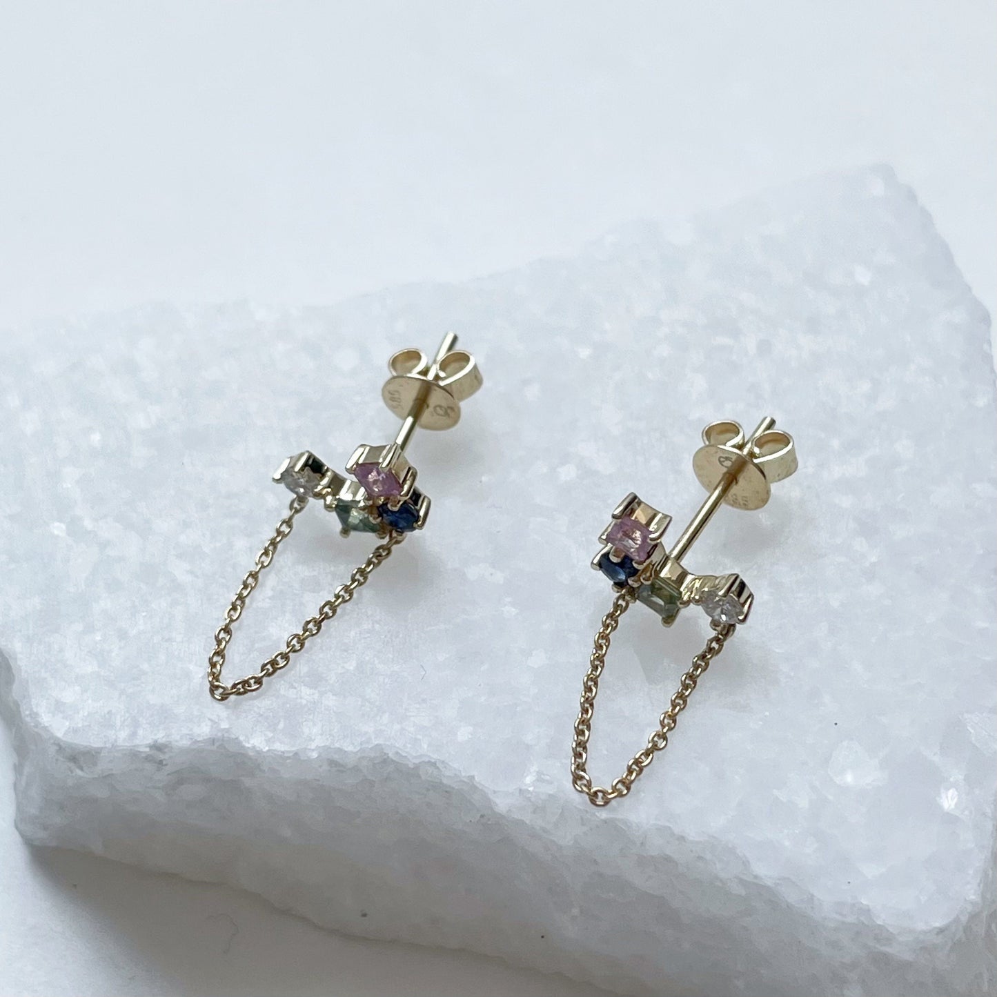 14K Solid Gold Genuine Gemstone Chain Earrings/Pair