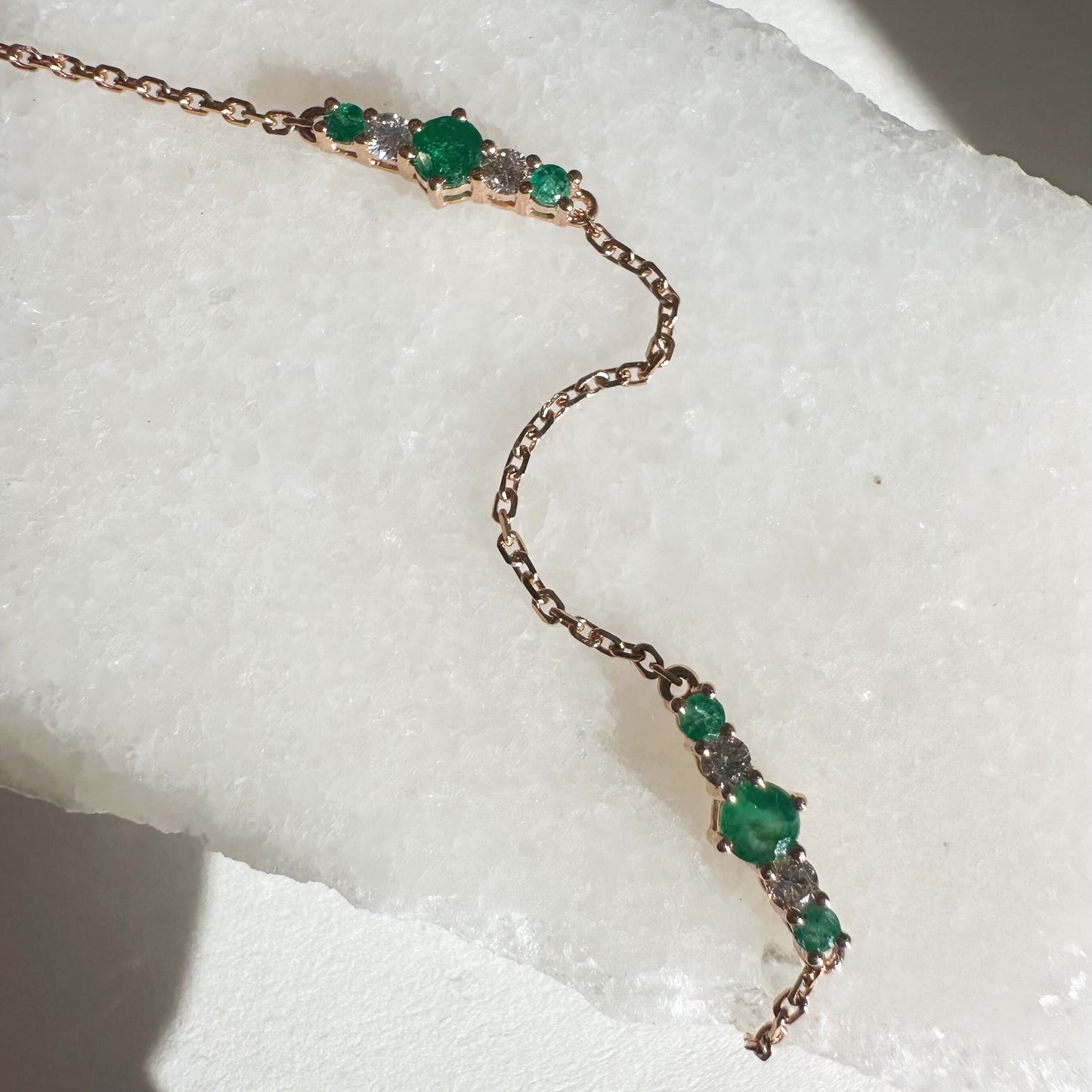 18K Solid Rose Gold Genuine Emerald and Diamond Bracelet