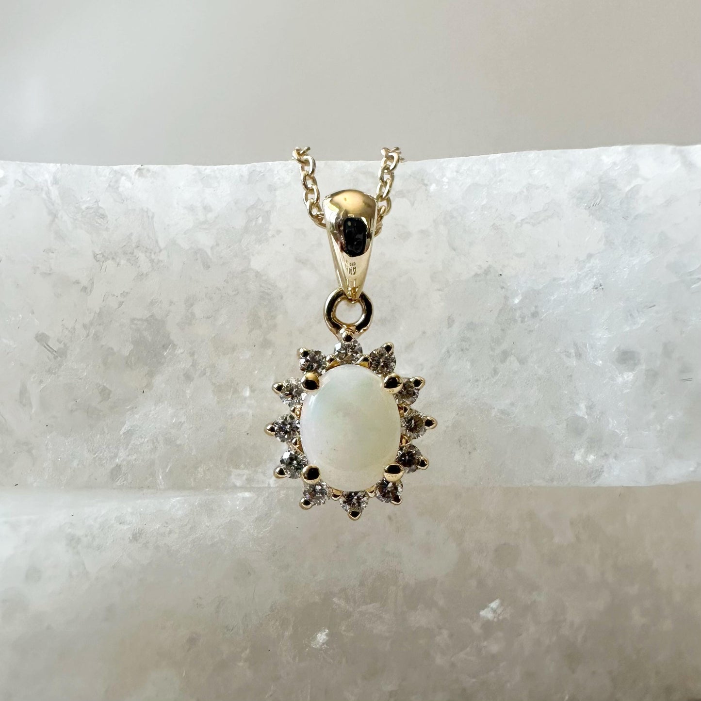 14K Solid Gold Genuine Opal and Diamond Pendant
