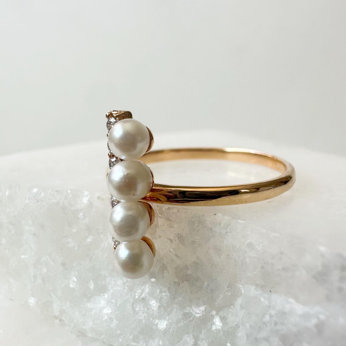 18K Solid Rose Gold Genuine Akoya Pearl and Diamond Bar Ring