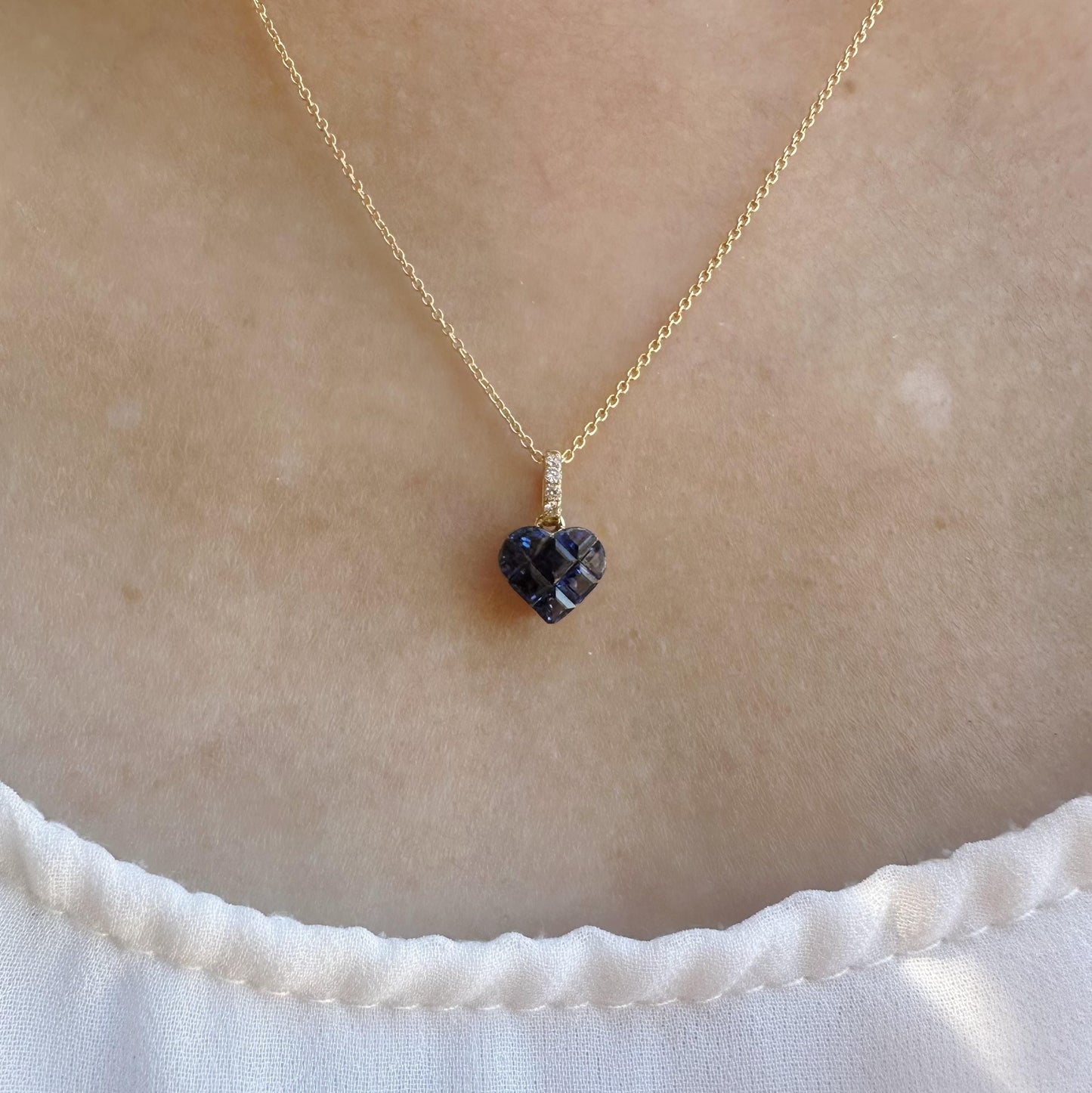 14K Solid Gold Genuine Sapphire and Diamond Heart Pendant
