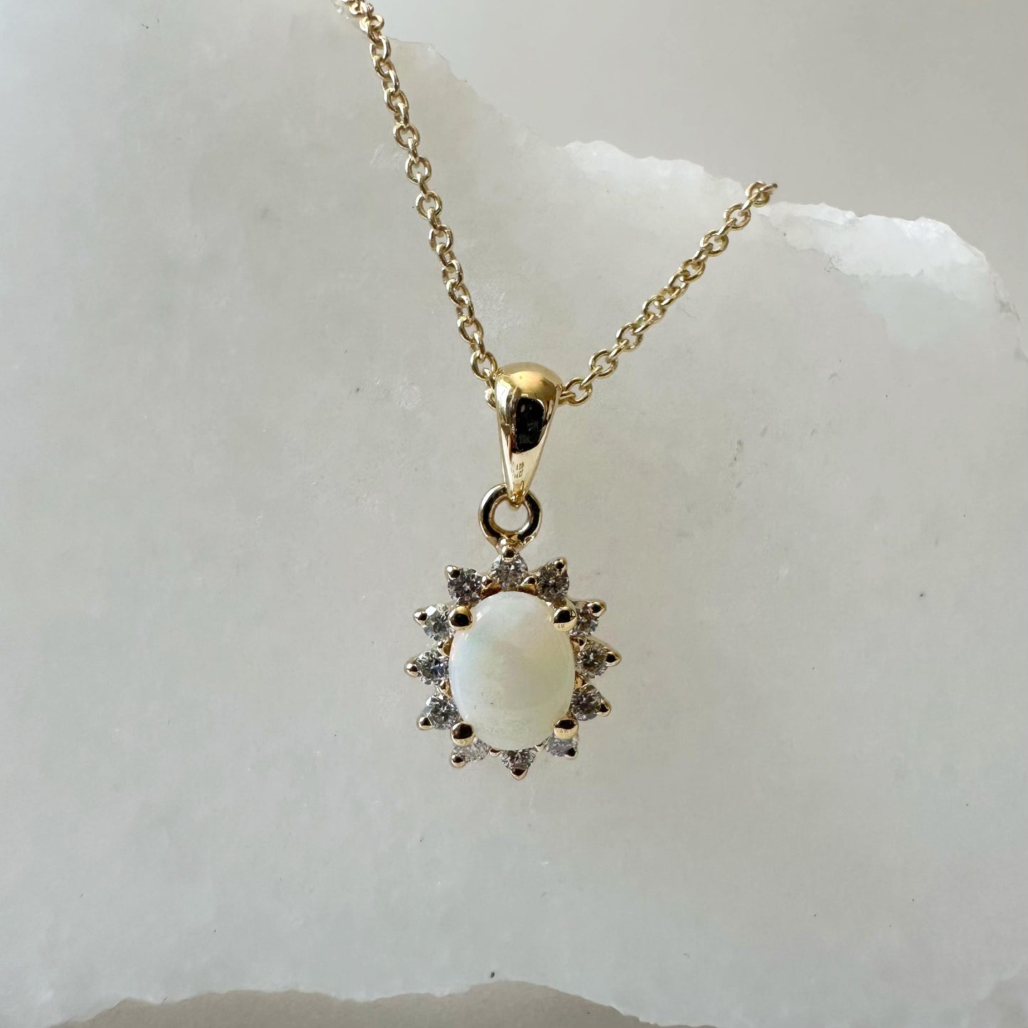14K Solid Gold Genuine Opal and Diamond Pendant