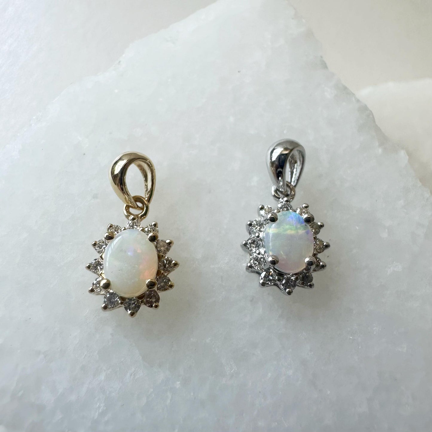 14K Solid Gold Genuine Opal and Diamond Pendant