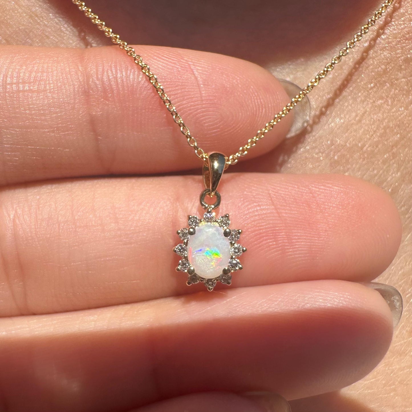 14K Solid Gold Genuine Opal and Diamond Pendant