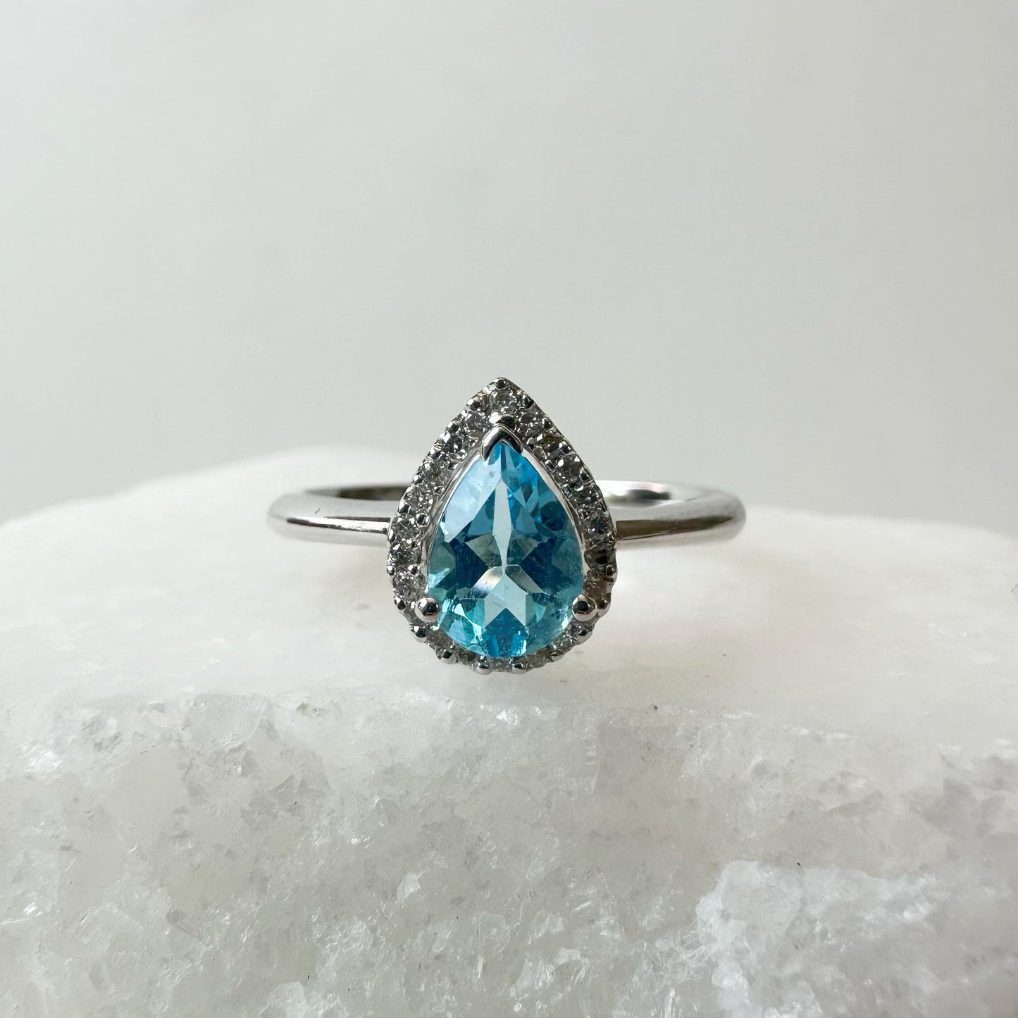 14K White Gold Blue Topaz Teardrop Ring with Diamond Halo