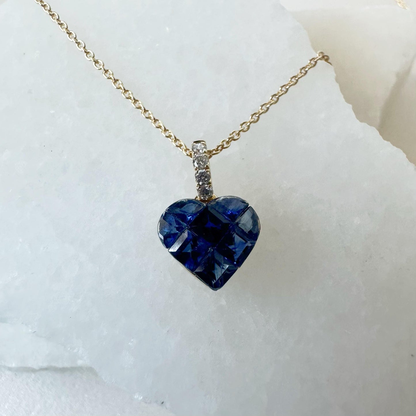 14K Solid Gold Genuine Sapphire and Diamond Heart Pendant