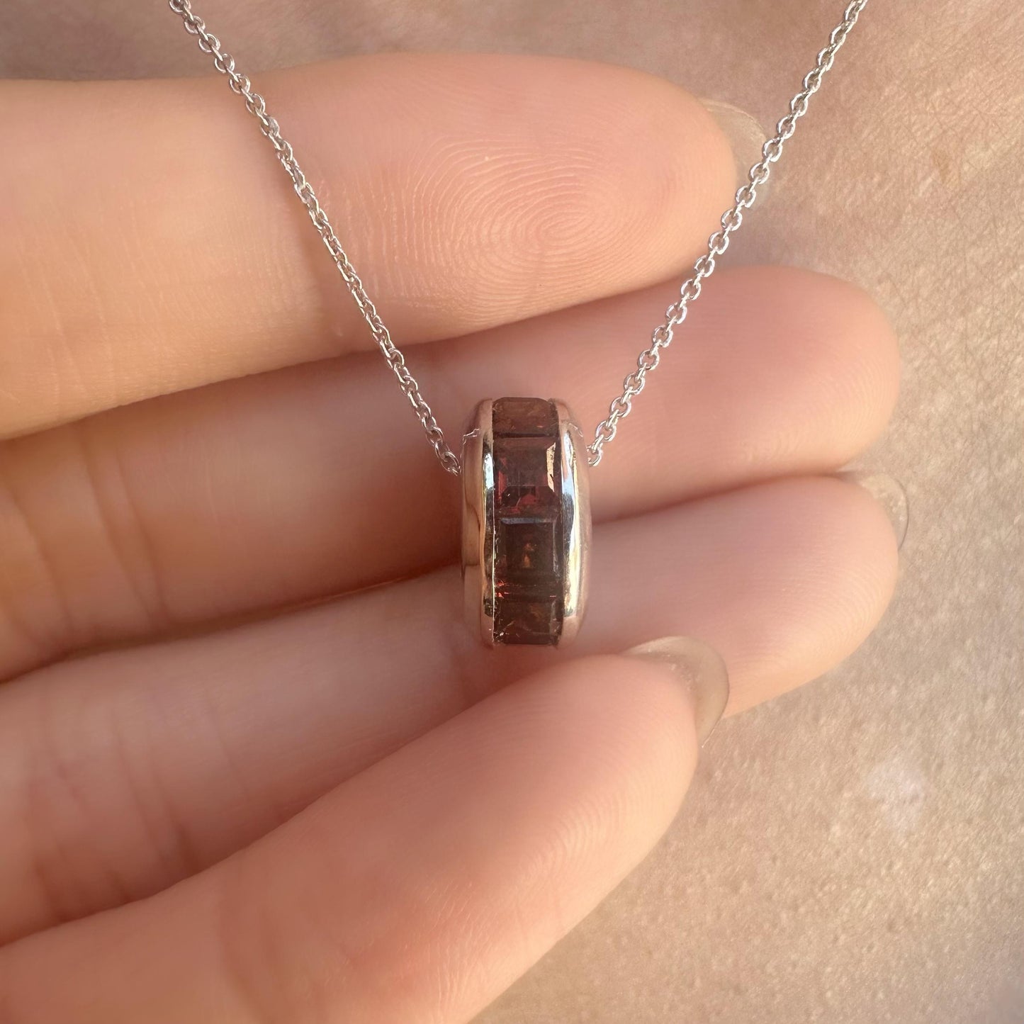 14K Solid White Gold Genuine Garnet Barrel Pendant