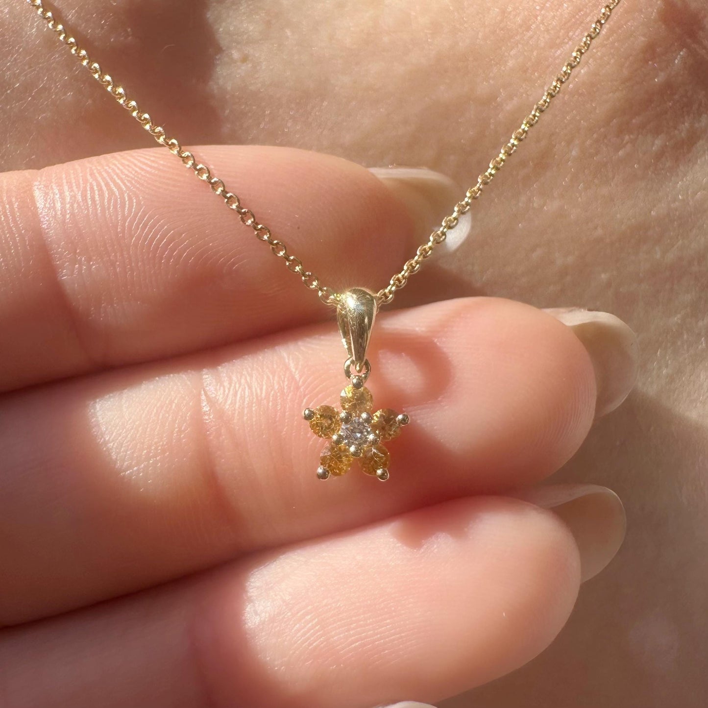 14K Solid Gold Genuine Orange Sapphire and Diamond Flower Pendant