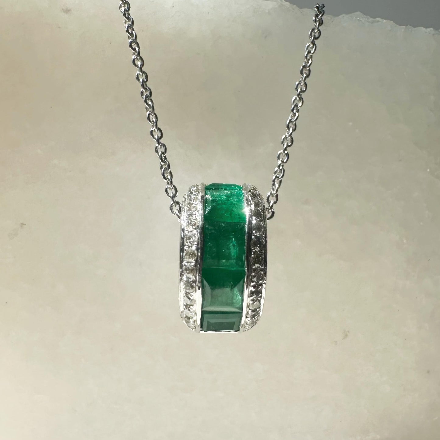 14K Solid White Gold Genuine Emerald and Diamond Barrel Pendant