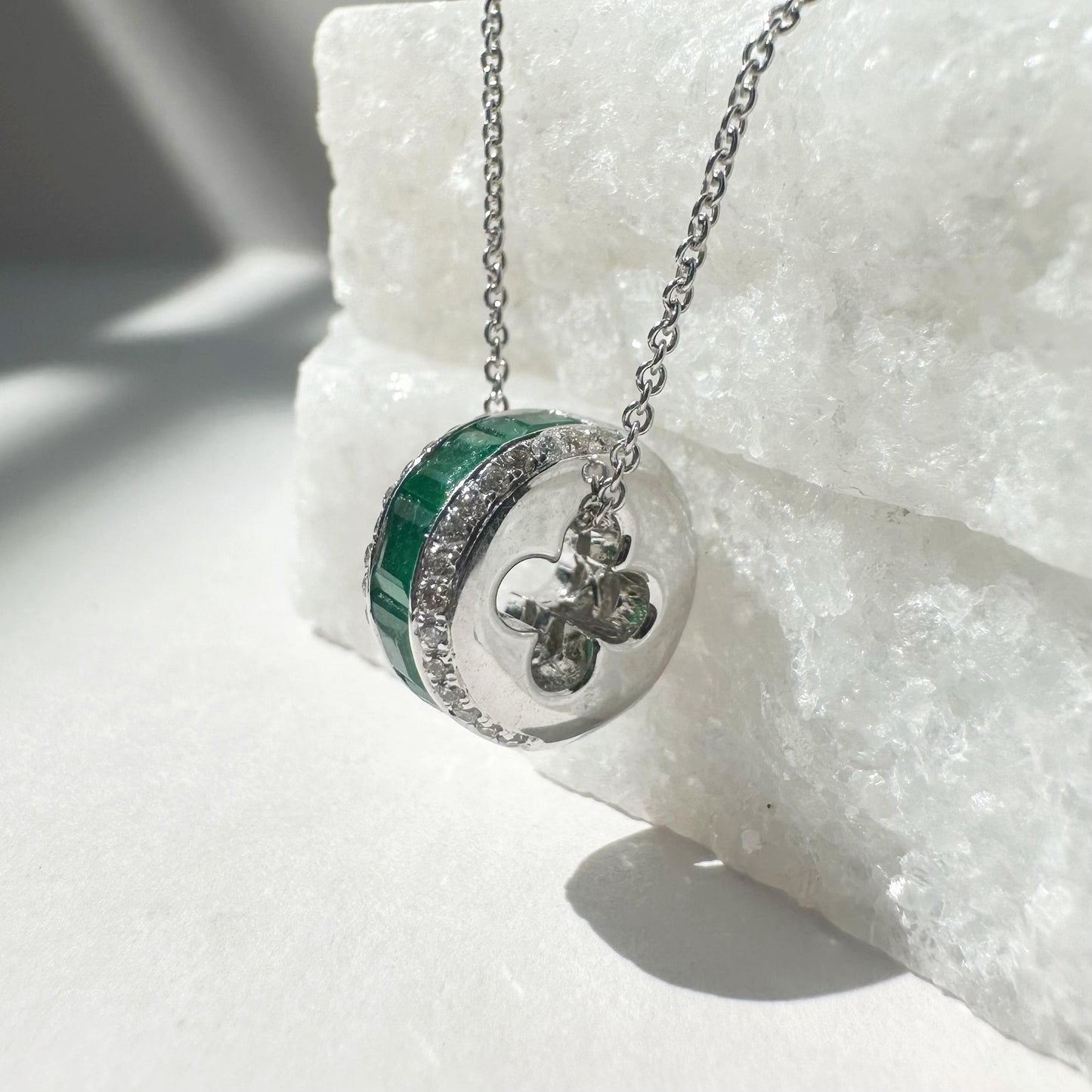 14K Solid White Gold Genuine Emerald and Diamond Barrel Pendant